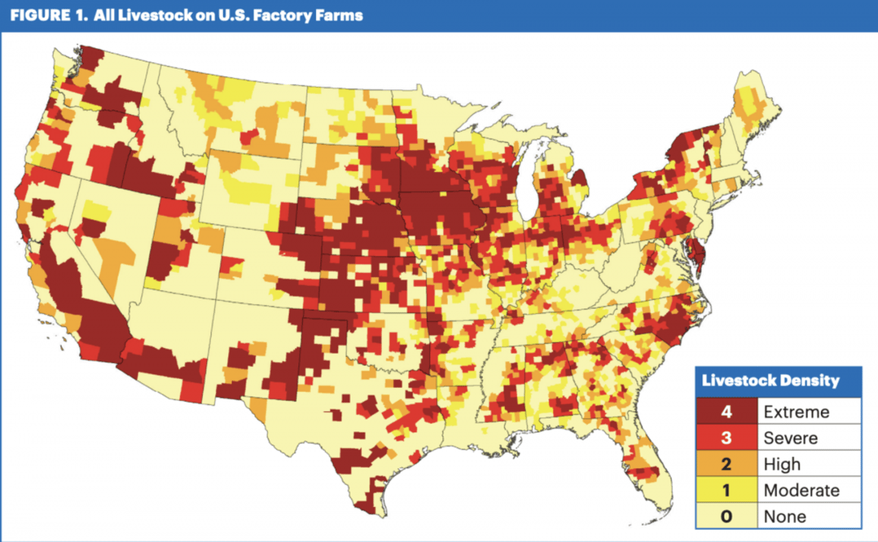 map showing the location of US factory farms