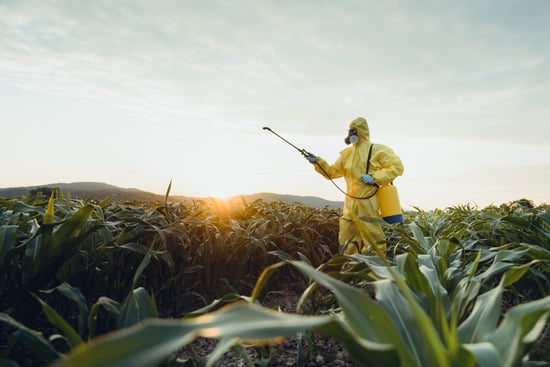 Farm worker applying pesticides to crops.